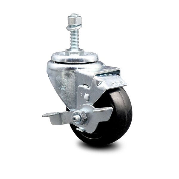 3 Inch Hard Rubber Wheel Swivel 10mm Threaded Stem Caster with Brake SCC